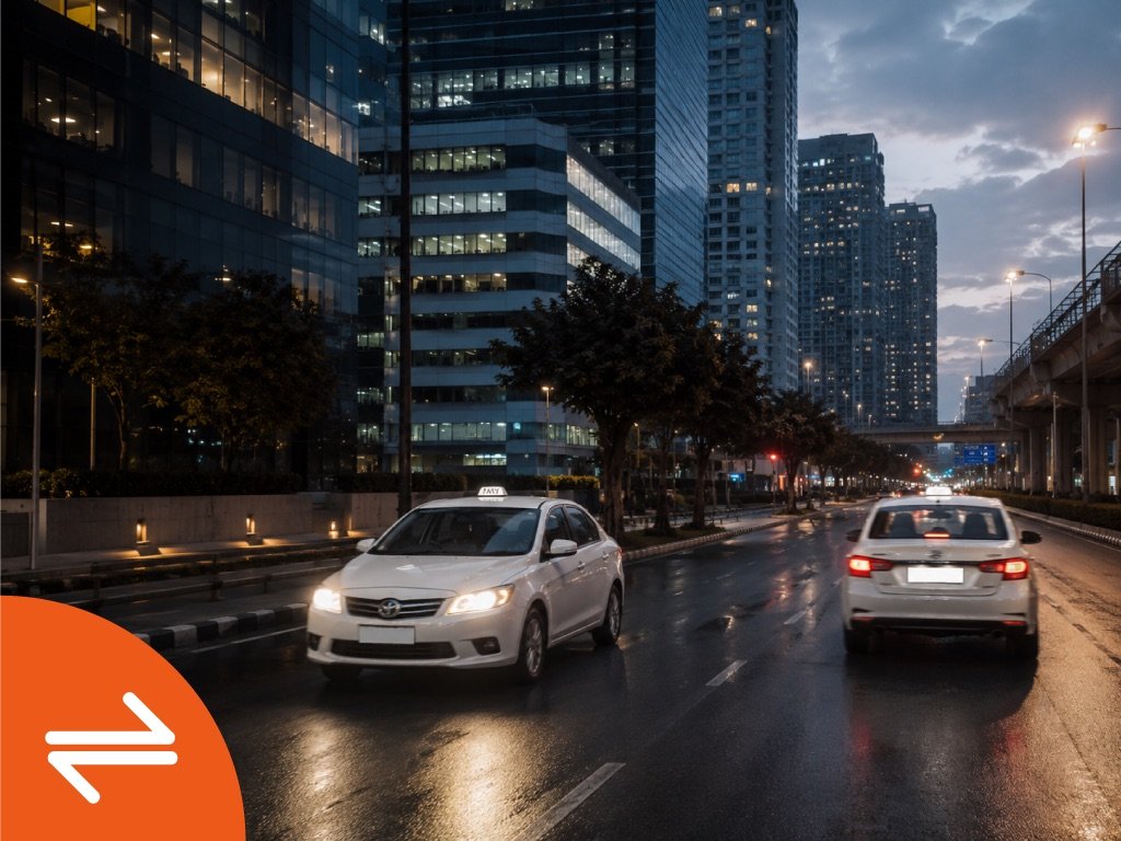 Two cabs on a city road, outbound and return legs